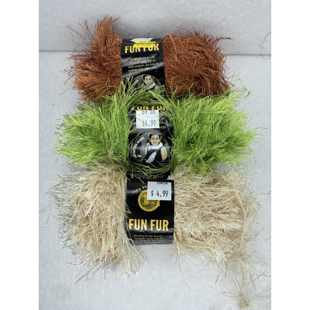 Lion Brand Fun Fur Eyelash Yarn Champagne Lime Copper Lot 3 Skeins Art 320